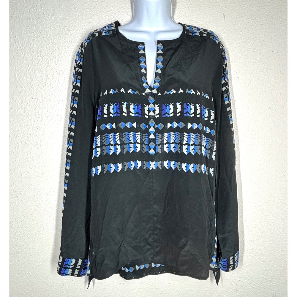 BCBGMAXAZRIA 100% Silk Geometric Large V Neck Long Sleeve Tunic Top Career EUC